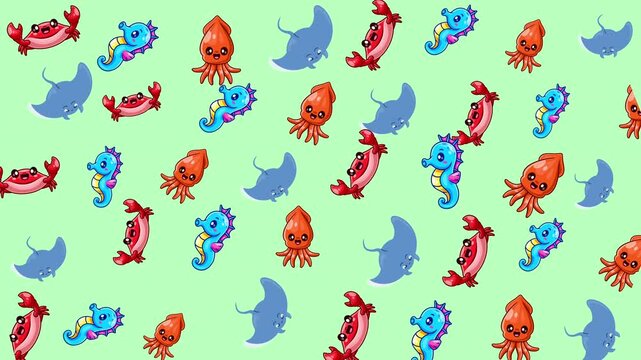 Crabs, squids, seahorses, stingrays, sea creatures pattern. Ideal for oceanthemed designs, marine biology materials, aquarium posters, and educational resources.