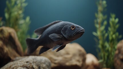 Obraz premium A solitary dark fish navigates a tranquil dimly lit underwater world filled with rocks and aquatic vegetation