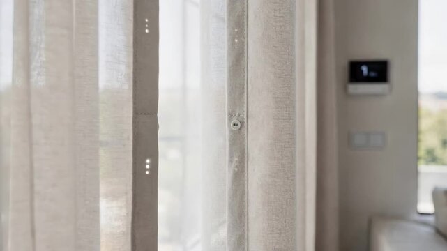 Medium shot of edgeseam curtains with builtin sensors emphasizing discreet design and responsive environmental control features.