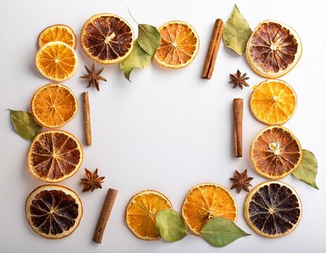 dried citrus fruit slices arranged on a white surface with cinnamon sticks and dried leaves forming a border