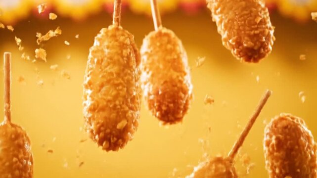orean corn dogs with crispy potato crust floating on vibrant yellow background