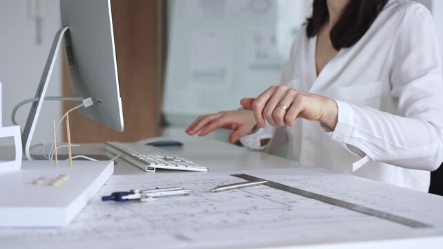Architect creating new designs, working at a computer in office with blueprints and drafting tools. Business and architecture concept