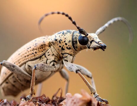 Close-up of a spotted longhorn beetle on wood.