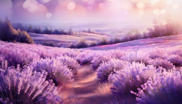 ethereal lavender field bathed in soft pink and purple tones showcasing delicate flowers and a dreamy bokeh background
