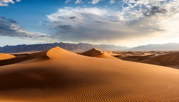 rolling sand dunes under a vast cloudy sky with distant mountains desert