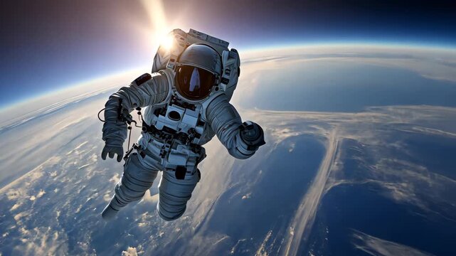 Astronaut floating amidst the vastness of space with earth in the background.