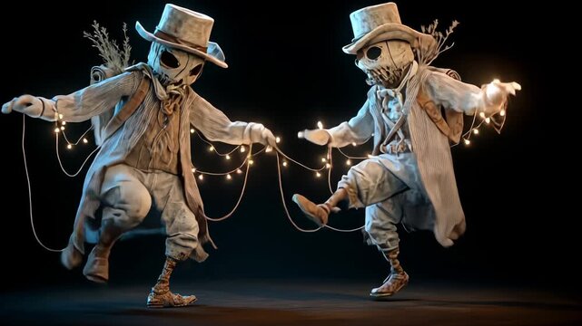 Whimsical Animated Scarecrow Characters in Festive Lighting Dance at Halloween Harvest Festival Pumpkin Patch with Playful Spirits and Mischievous 3D Models in Creative Folk Art Costume Design