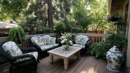 Comfortable outdoor seating arrangement adorns a wooden deck surrounded by lush greenery