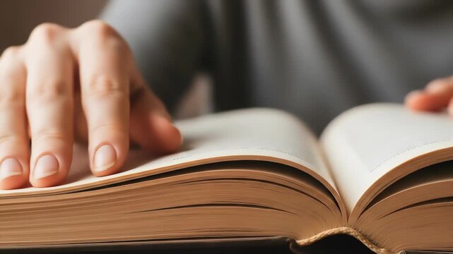 A close up shot showing a person's hand with neatly manicured nails carefully turning the aged pages of a large, thick, opened book, highlighting the texture of the paper.