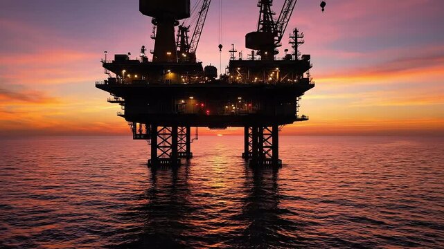 Aerial view of a jack up drilling rig standing in the deep ocean under a colorful sunset sky with clouds reflecting on the water
