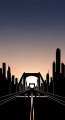 Cityscape at sunset with bridge.