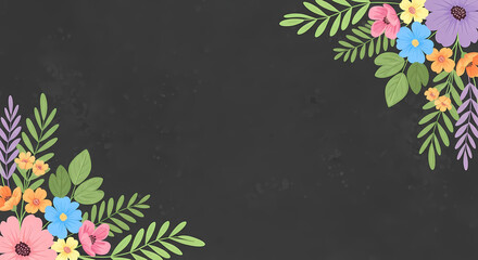 明るい花の飾り縁取りが黒背景に優雅に咲くイラスト