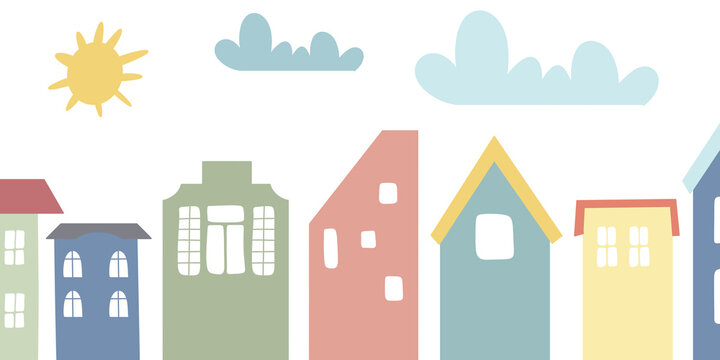 Wall art, wallpaper, wall sticker, Nursery  illustration. Scandinavian style.  background design. cute little pastel color houses