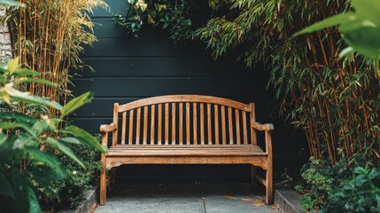 Wooden garden bench situated against a dark slatted wall surrounded by lush foliage.