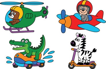 Naklejka premium Cute Animal Drivers Line Icons Crocodile Boat, Zebra Scooter, Monkey Plane, Dog Helicopter