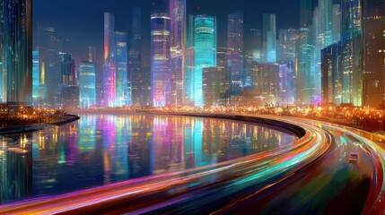 Obraz premium Illuminated cityscape at night with light trails from cars on a highway next to a river. Dynamic urban scene for travel and future city concept.
