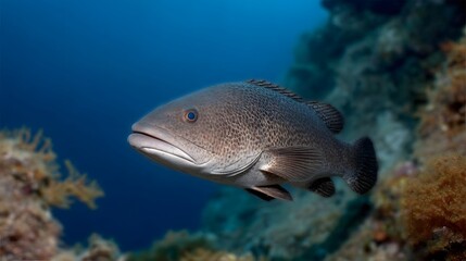 A detailed speckled brown fish with blue eyes swims serenely through a vibrant sunlit coral reef ecosystem in the clear blue ocean depths