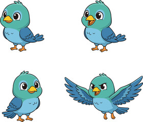 Cute cartoon bird character set, colorful blue baby bird, funny mascot illustration, children animation design