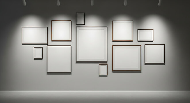 Collection of empty picture frames displayed on a gallery wall under spotlights in a modern art exhibition