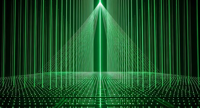 Abstract vertical green laser beams creating a futuristic tunnel effect with glowing light patterns