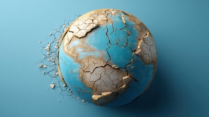 Cracked earth globe representing environmental crisis. World model with crumbling land and breaking pieces. Global warming and climate change concept for nature preservation.