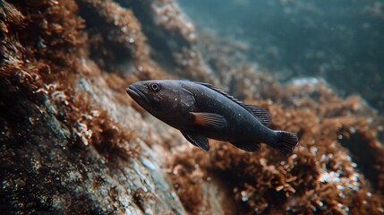 A solitary dark colored fish swims through clear blue ocean water near a rocky algae covered seabed