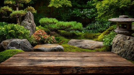 Rustic wooden surface sits before a lush, verdant garden scene featuring rocks and traditional stonework