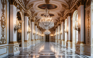 Obraz premium Luxurious European Palace Interior with Baroque Columns, Gold Leaf Details, Marble Floors and Crystal Chandeliers in Warm Royal Light