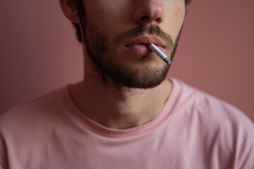 Fototapeta premium Young caucasian male with beard smoking cigarette against pink background