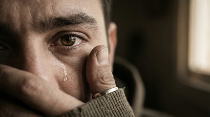 Close-up of a tearful person covering their mouth, showing emotional distress