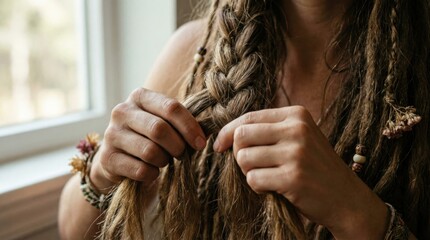 Close-up of hands braiding dreadlocked hair by a window