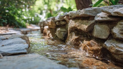 Obraz premium Close up of a natural rock water feature with trickling water. Beautiful outdoor garden decoration and serene nature design element for relaxation.
