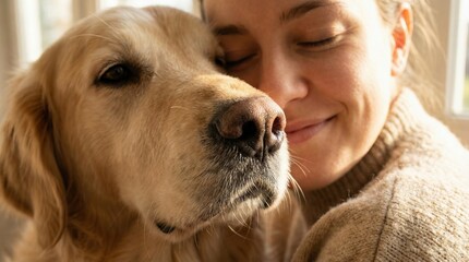 Woman cuddling a golden retriever, both looking content