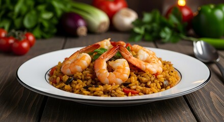 Delicious ramadan food shrimp and rice bowl with fresh vegetables