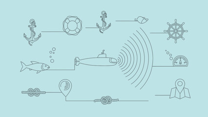 Obraz premium Nautical icons and symbols related to sea exploration and underwater life