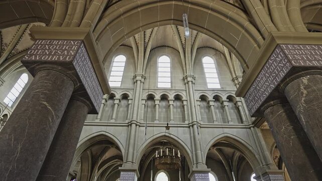 Gothic Church Interior with Arches Columns and Vaulted Ceiling.Filmed on June 23,2025.