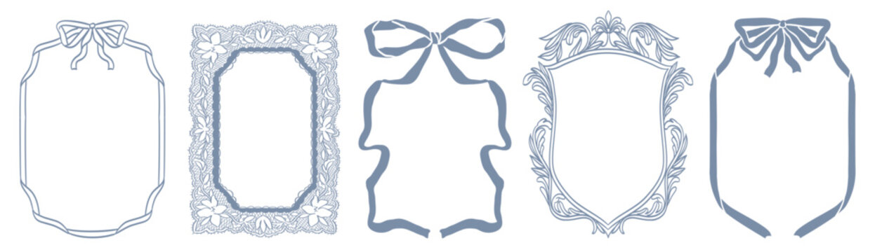 Whimsical baroque frames and bow with ribbon borders. Vertical shapes with vintage victorian royal elegance decorated with whimsy lines and squiggles perfect for wedding invitation cards, scrapbooking