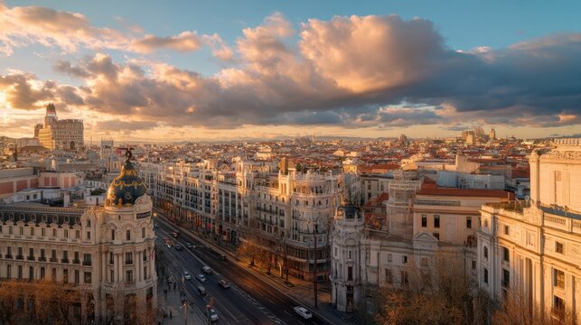 Panoramic view of madrid skyline at sunset with epic cloudscape over historic buildings and city road. Travel destination.