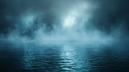 Mysterious Blue Foggy Ocean Abstract Background with Calm Water Ripples and Mist