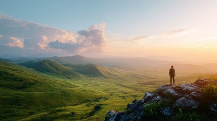 Obraz premium Man standing on a rocky mountain peak overlooking a vast green valley at sunset. Adventure, exploration, and freedom concept.