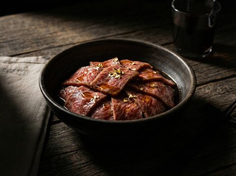 Luxury Gyudon with Marbled Beef and Gold Flakes on Dark Wood