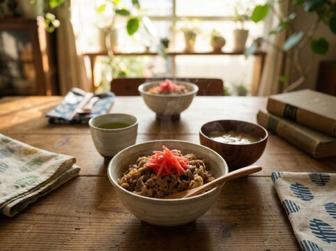 Cozy Home Dining Scene with Hearty Gyudon and Miso Soup