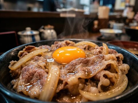 Extreme Closeup of Steaming Gyudon Beef Bowl with Raw Egg Yolk