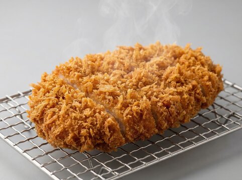 Crispy Tonkatsu Pork Cutlet Cooling on Wire Rack with Steam