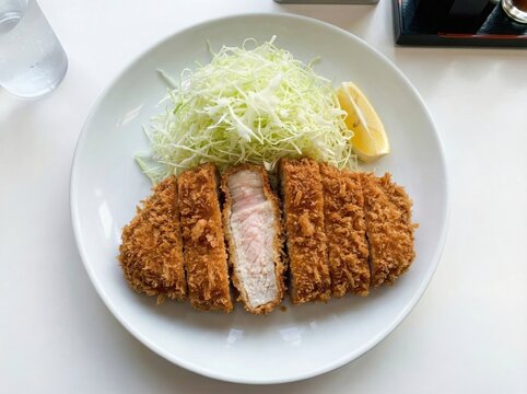 Premium Japanese Pork Cutlet Slices with Lemon and Cabbage