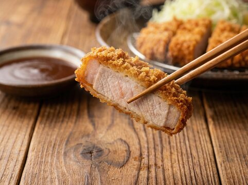 Crispy Tonkatsu Pork Cutlet Lifted with Chopsticks and Sauce