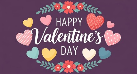 Happy Valentine&rsquo;s Day with Colorful Hearts and Floral Design on Purple Background