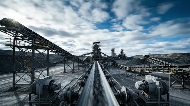 Industrial mining conveyor belts and machinery under a dramatic sky.