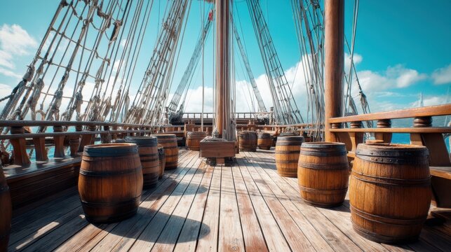 View from a wooden deck of a vintage sailing ship with barrels. Adventure and travel concept. Historical maritime transport.