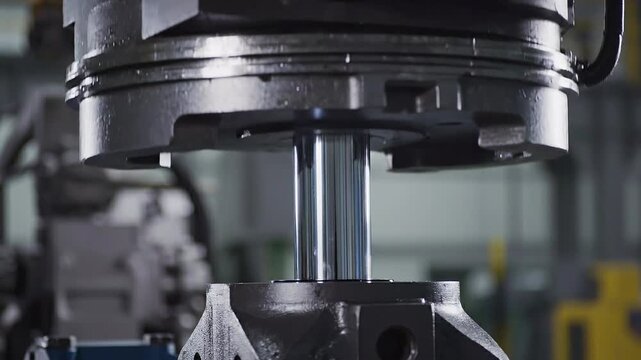 Close up view of a heavy industrial hydraulic cylinder rod being operated within machinery demonstrating precise mechanical engineering principles in a factory setting.